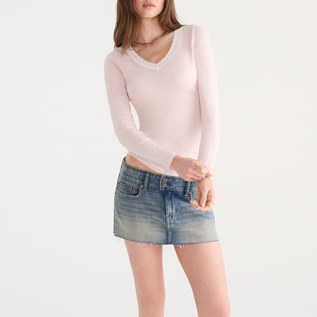 Pink Long Sleeve Seriously Soft Lace-Trim V-Neck Tee