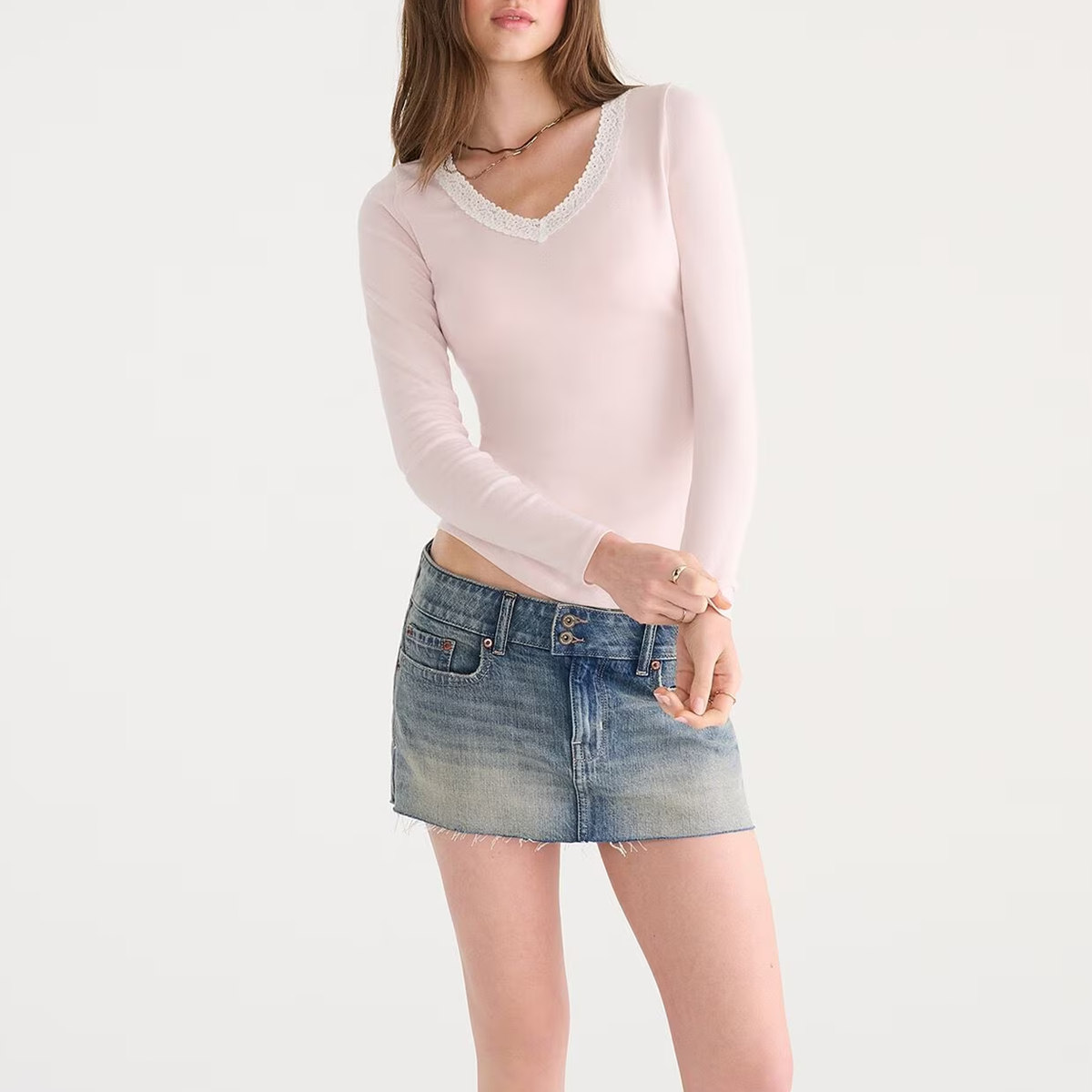 Pink Long Sleeve Seriously Soft Lace-Trim V-Neck Tee