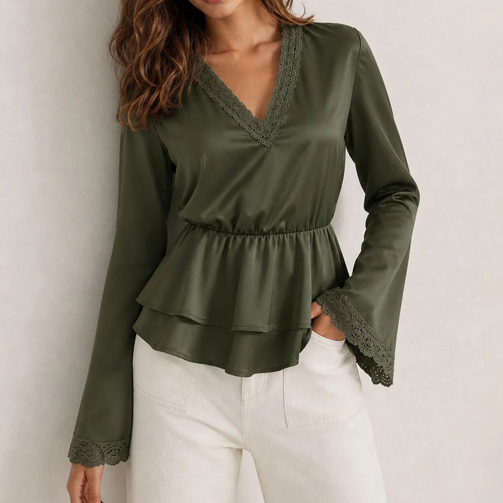 Deep Green V Neck Puffed Long Sleeve Spliced Ruched Solid Top Tee