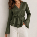 Deep Green V Neck Puffed Long Sleeve Spliced Ruched Solid Top Tee