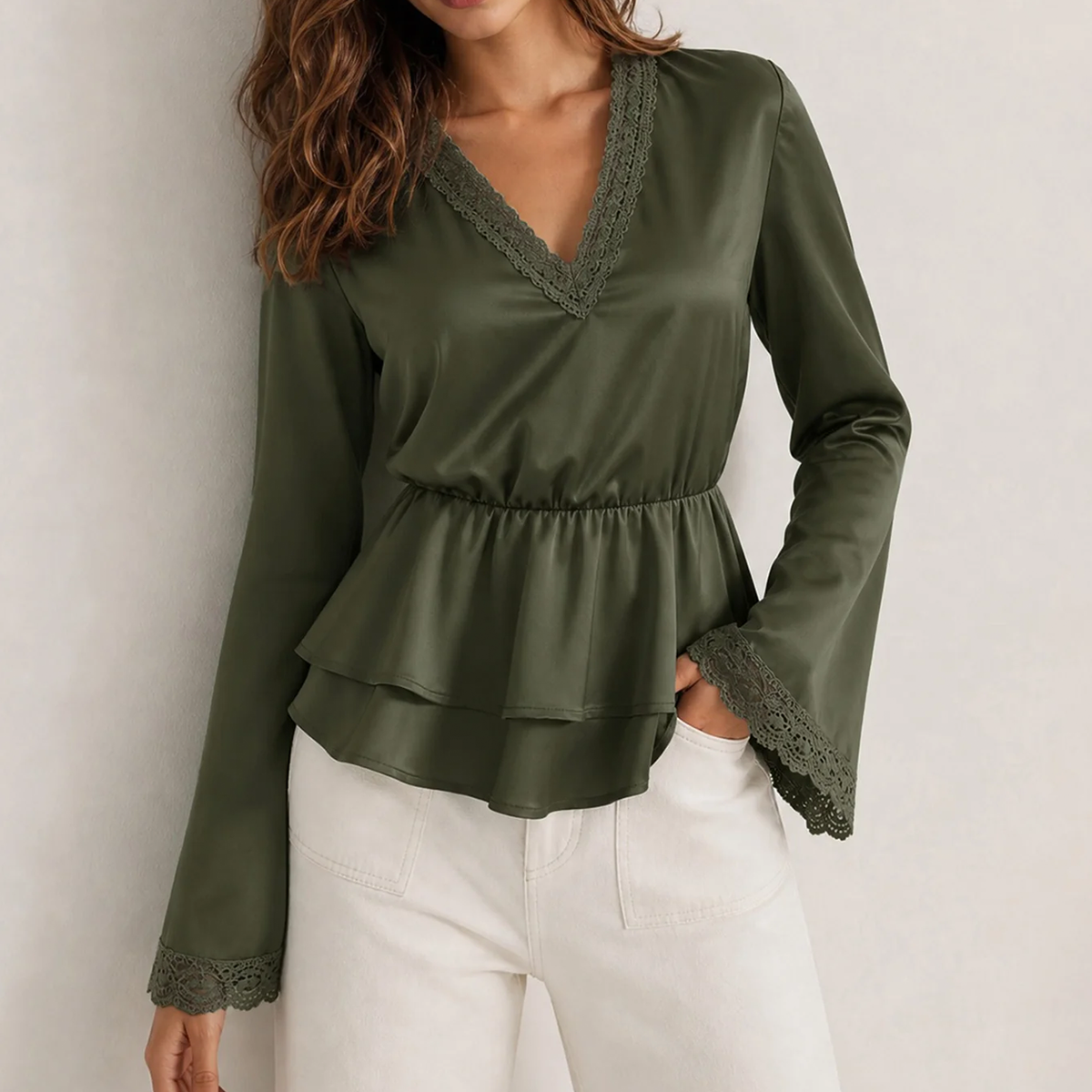 Deep Green V Neck Puffed Long Sleeve Spliced Ruched Solid Top Tee