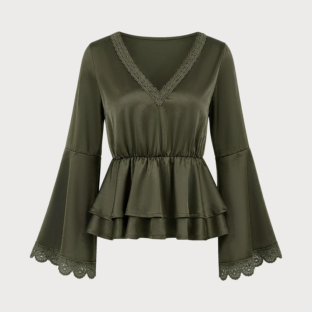 Deep Green V Neck Puffed Long Sleeve Spliced Ruched Solid Top Tee
