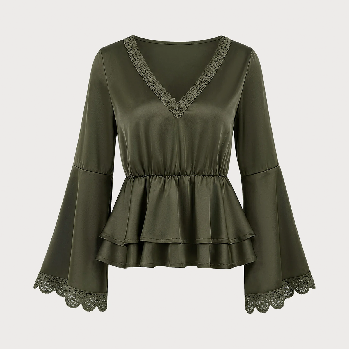Deep Green V Neck Puffed Long Sleeve Spliced Ruched Solid Top Tee
