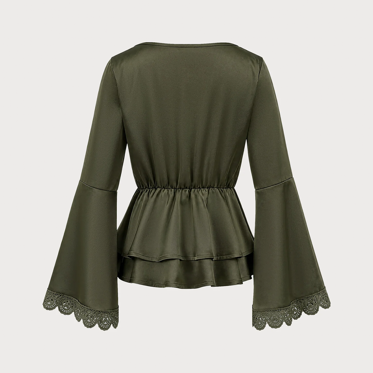 Deep Green V Neck Puffed Long Sleeve Spliced Ruched Solid Top Tee