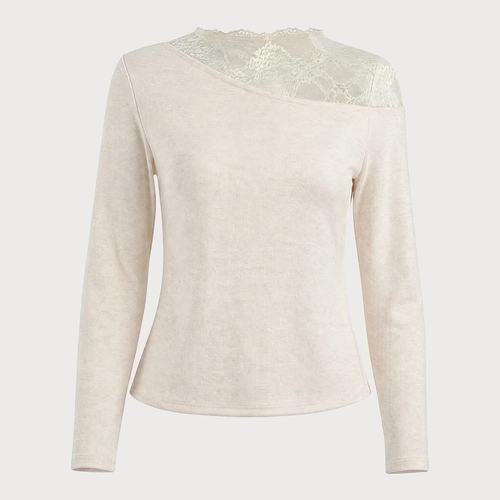 Beige Turtle Lace See Through Long Sleeve Tee