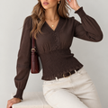 Brown V Neck Lace Shirred Puffed Long Sleeve Tee