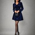 Blue Cowl Neck Puffed Sleeve Velour Mini Dress