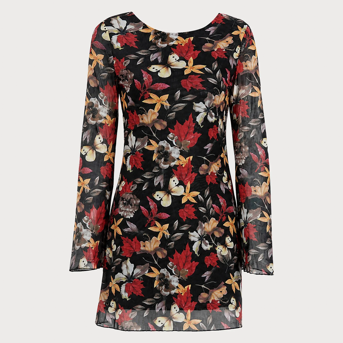 Black Round Neck Bell Sleeve Floral Mini Dress