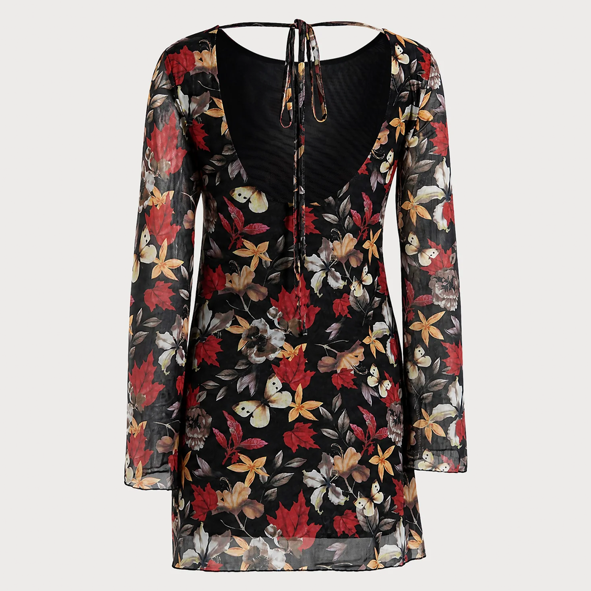 Black Round Neck Bell Sleeve Floral Mini Dress