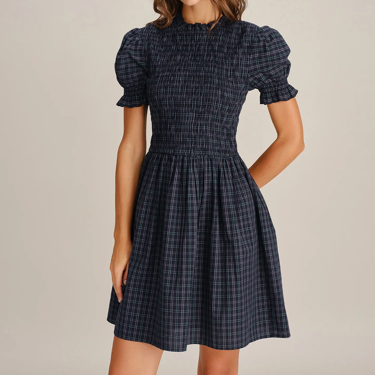 Navy Puffed Sleeve Plaid Ruffle Skater Mini Dress