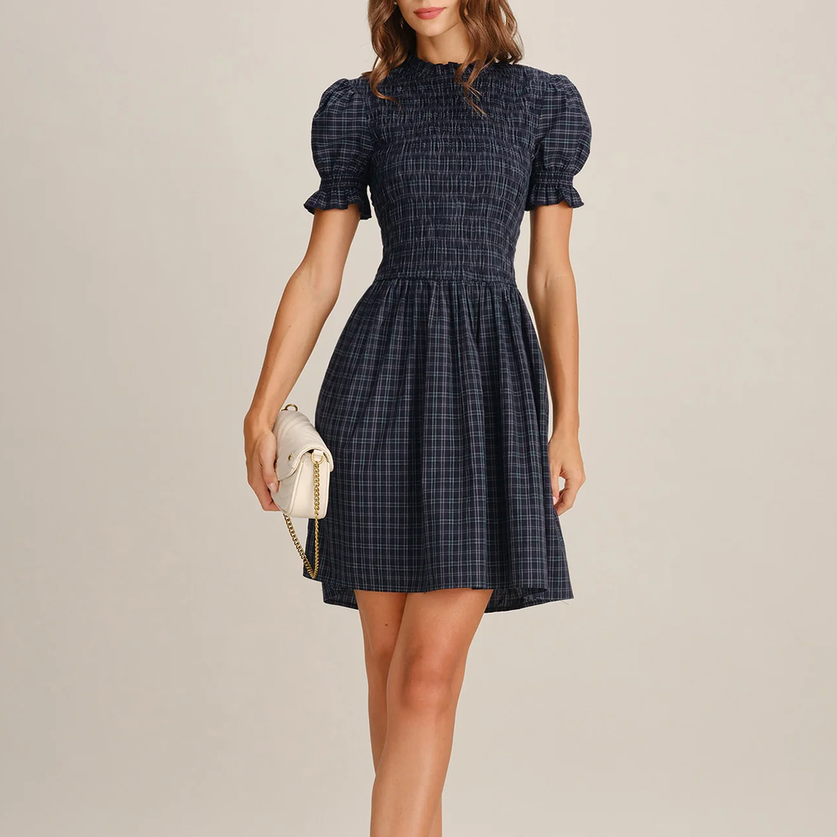 Navy Puffed Sleeve Plaid Ruffle Skater Mini Dress