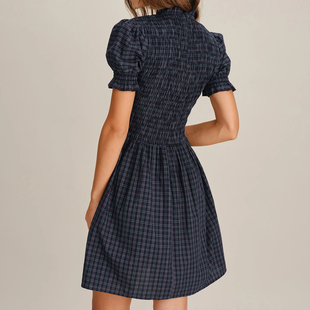Navy Puffed Sleeve Plaid Ruffle Skater Mini Dress
